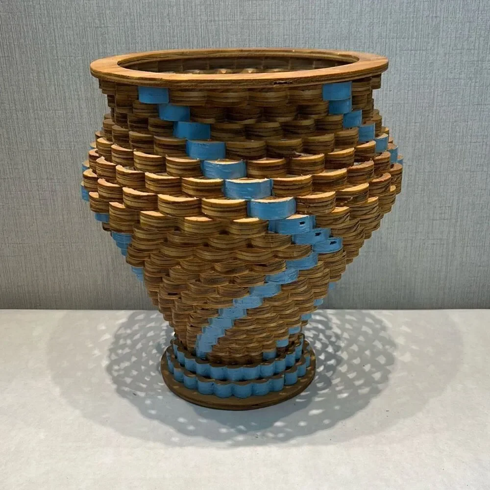 Vtg Handcrafted Wooden Decorative Tornado Bowl Vase Scroll Saw Scalloped Blue
